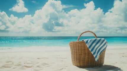 Wall Mural - picnic basket on the beach with cancun turquoise water  and blue sky background 