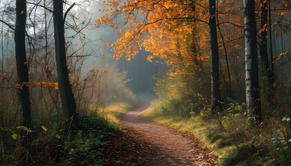 Wall Mural - Serene Autumn Path Winding Through a Vibrant Forest