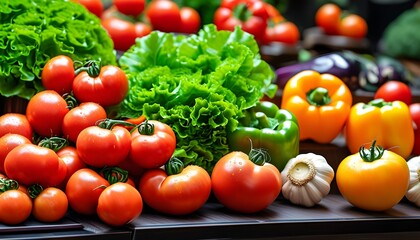 Wall Mural - Colorful assortment of fresh organic vegetables featuring ripe tomatoes, crisp lettuce, and vibrant bell peppers promoting healthy eating choices