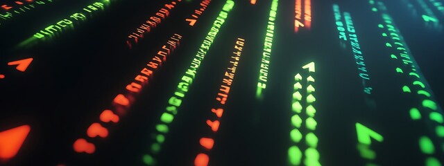 Poster - Abstract digital code with green and orange glowing lines on dark background