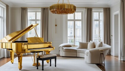 Wall Mural - Sophisticated Living Room Featuring a Luxurious Golden Grand Piano