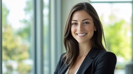 Beautiful fair-skinned woman with dark hair smiling confidently in a modern office environment, dressed in professional attire with natural light coming through large windows