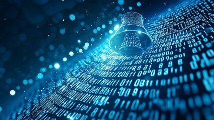 Poster - Network Technology Wallpaper with a bell symbol against a futuristic, blue digital grid background.