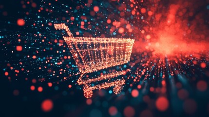 Poster - An ecommerce technology concept with a shopping symbol on an orange digital grid background. A 3D rendering of a network tech wallpaper.