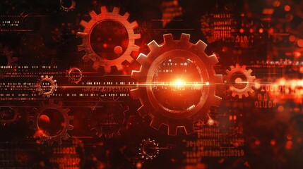 Poster - Cog symbol on a futuristic, orange digital grid background. Network Technology Wallpaper.