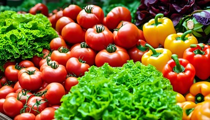 Colorful assortment of fresh organic vegetables featuring ripe tomatoes, crisp lettuce, and vibrant bell peppers promoting healthy eating choices