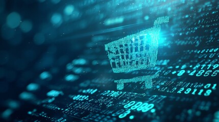 Poster - Technology Concept with shopping symbols on futuristic, blue grid backgrounds. Network Wallpaper 3D.