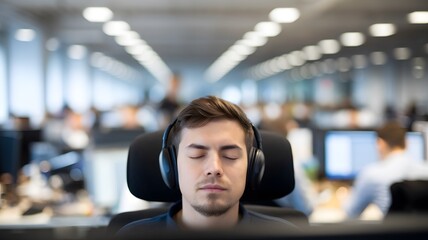 Wall Mural - Man wearing noise-canceling headphones, focused and relaxed in a busy office environment, symbolizing the concept of noise cancellation and productivity enhancement.