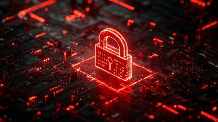 Poster - Futuristic, orange digital grid background with security symbol. Network Tech Wallpaper.