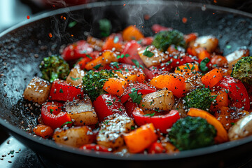 Canvas Print - A fresh vegetable stir-fry with colorful bell peppers, broccoli, and carrots in a wok. Concept of nutritious and delicious cooking.