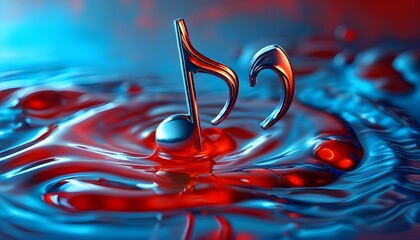 Wall Mural - Dynamic Metallic Music Notes Suspended in Vibrant Red and Blue Liquid