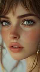 Wall Mural - Close-up Portrait of a Woman with Blue Eyes and Freckles