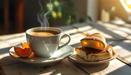 Bright Breakfast Table with Coffee in the Morning Sunlight