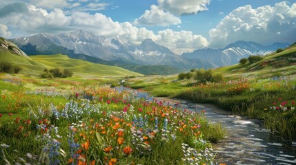 Canvas Print - Mountain Meadow with Wildflowers and Creek