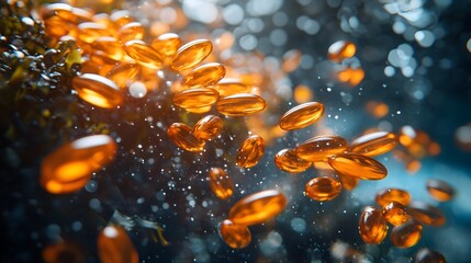 Dynamic Visualization of Bursting Omega 3 Capsules with Underwater Backdrop