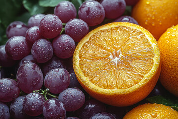 Canvas Print - A close-up of a ripe, juicy orange and a bunch of grapes, showcasing their natural sweetness and health benefits.