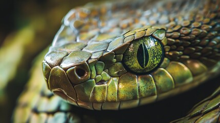 A close-up photograph of a snake's eye in the tropical jungle. The snake has green, piercing eyes and sharp teeth, and its body is covered in scales. The snake is a predator