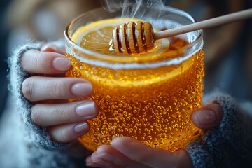 Sticker - A close-up of a person's hands preparing a hot tea with honey and lemon, with a thermometer in the background. Concept of soothing remedies for winter illnesses.