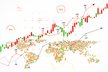 Wall Mural - Financial graph with candlestick chart and world map on light background. 3D Rendering