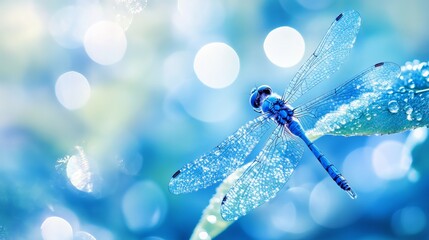 A dragonfly perches on a leaf, adorned with a glistening dewdrop in the sunlight. The scene is captured in vivid blue hues, showcasing the beauty and tranquility of nature. 