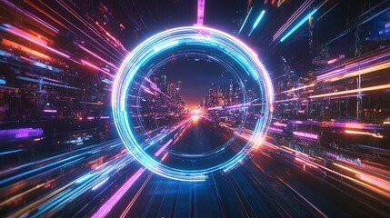 A glowing neon ring appears in the middle of a city street surrounded by streaks of colorful light.