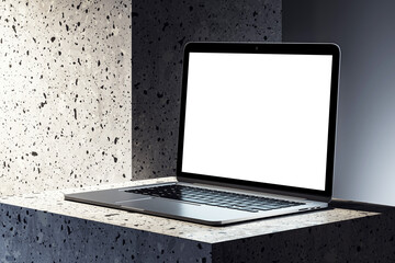 Poster - Modern laptop with blank screen on textured stone pedestal. 3D Rendering