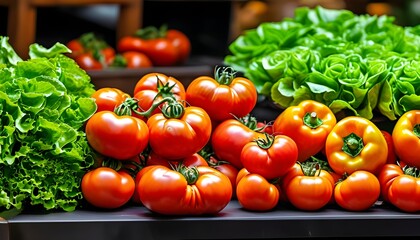 Wall Mural - Colorful assortment of fresh organic vegetables featuring ripe tomatoes, crisp lettuce, and vibrant bell peppers promoting healthy eating choices