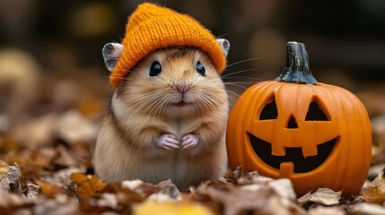 Adorable Hamster Wearing Tiny Pumpkin Hat Next to Halloween Jack o  Lantern