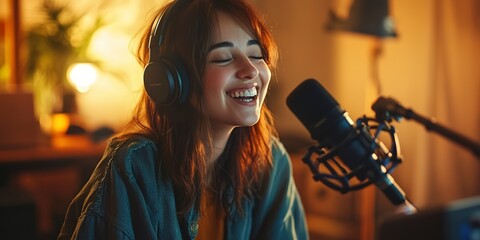 Canvas Print - Happy young woman record a podcast with headphones and microphone for live streaming at home studio