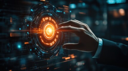 Poster - businessman hand reaching towards a digital interface with a glowing solution button in a futuristic office environment, symbolizing innovation and problem-solving