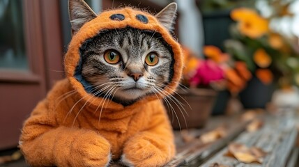 Spooky Feline in Spider Costume Climbing on Haunted House Porch