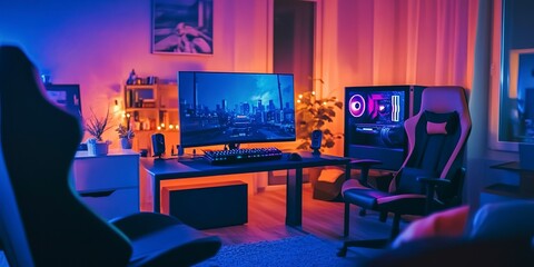 Wall Mural - gaming den with computer monitor and glowing lights