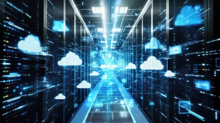 Poster - Cloud computing network with interconnected data servers and digital clouds in a futuristic virtual environment with blue and white tones