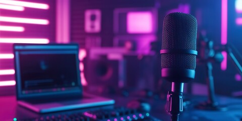 Poster - Empty podcast studio interior with no people inside. Media broadcasting and communication room with equipment, neon lighting. Closeup black microphone for sound or audio device, and laptop blurred. 