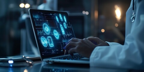 Aufkleber - Doctor using laptop, glowing medical icons. 
