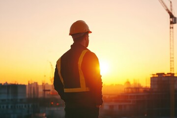 Poster - Engineer man on construction site at dawn on solid white background, single object
