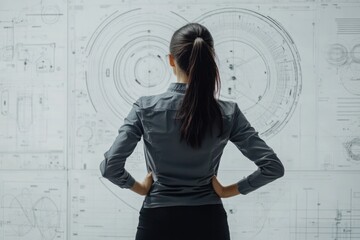 Poster - female engineer planning space exploration missions, on solid white background, single object