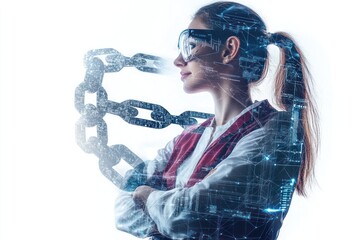 Poster - Female engineer programming blockchain technology, on solid white background, single object
