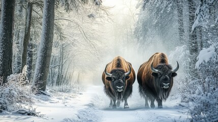 In a wintery forest, majestic aurochs, mighty bison, roam amidst snow-laden trees. They stand as a testament to the beauty and resilience of the wild