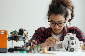 Poster - female engineer working on a prototyping project, on solid white background, single object