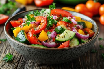 vibrant veggie salad in a bowl on wooden table fresh, colorful, appetizing ideal for a banner design