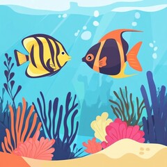 Two Colorful Fish Swimming in a Coral Reef.