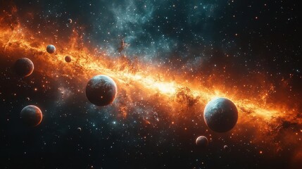 Wall Mural - cosmic panorama showcases diverse array of planets each uniquely textured and colored celestial bodies float majestically against inky black void inspiring awe of universe
