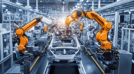 Poster - High-tech assembly line in a state-of-the-art factory, showcasing streamlined production with automated systems, 