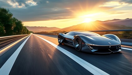 Shiny electric car cruising under the sun on a modern highway, embodying the vision of sustainable transportation for the future