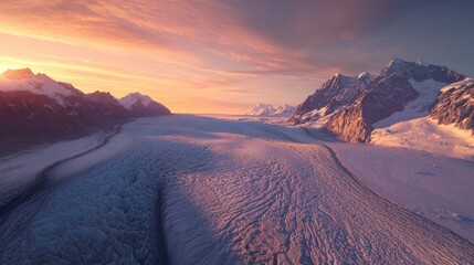 Poster - Aerial View of a Glacier and Mountain Range at Sunset