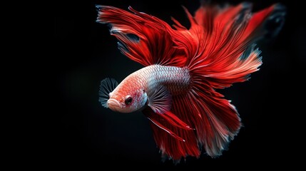 Wall Mural - Red Betta Fish with Long Fins in Black Background.