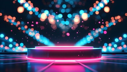 Poster - Futuristic Technology Podium with Glowing Pink and Blue Lines Surrounded by Bokeh Lights for Innovative Product Presentations