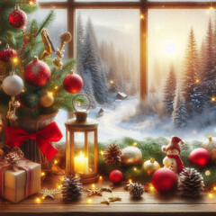 Canvas Print - Christmas card. Christmas decorations lie on the windowsill overlooking the morning winter forest outside the window