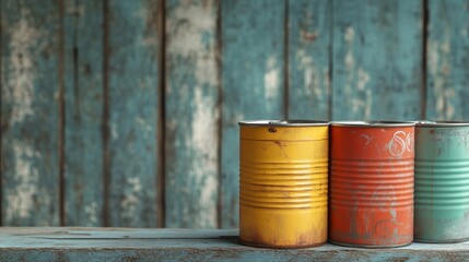 Hard food cans set against a wooden backgrounda